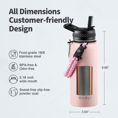 WixByti 40 oz Insulated Water Bottle with Straw (Cold for 36 Hrs), Stainless Steel Triple Wall Vacuum Sports Water Jug, Leakproof Hydro Cup Flask with Paracord Handle & Straw Spout Lids & DIY Stickers