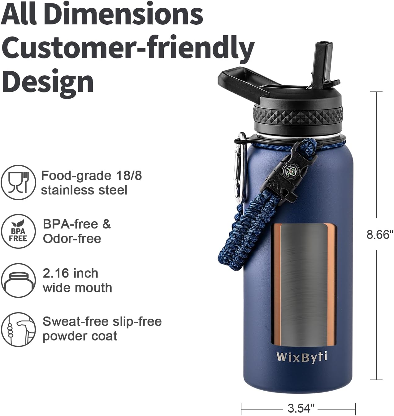 WixByti 40 oz Insulated Water Bottle with Straw (Cold for 36 Hrs), Stainless Steel Triple Wall Vacuum Sports Water Jug, Leakproof Hydro Cup Flask with Paracord Handle & Straw Spout Lids & DIY Stickers