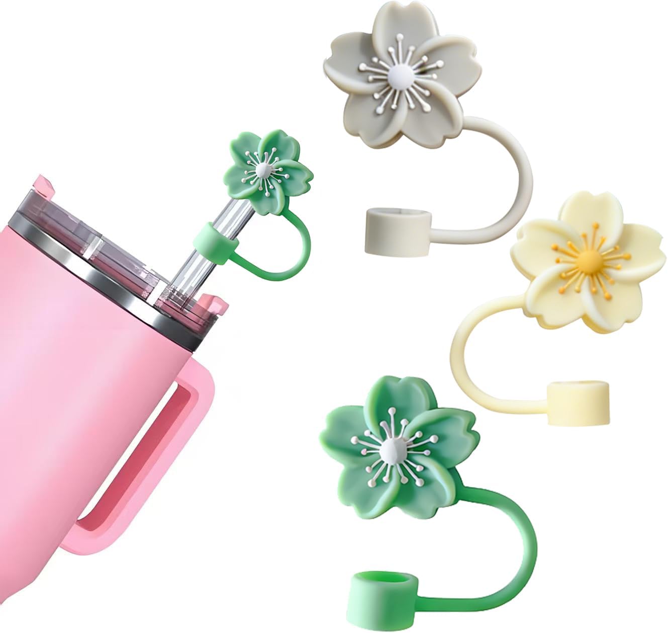 BTYHAOS Silicone Straw Caps for 10mm Tumblers | Reusable Dust-Proof Straw Toppers Compatible with Stanley 30oz & 40oz Tumblers (Purple Flower 3pc)
