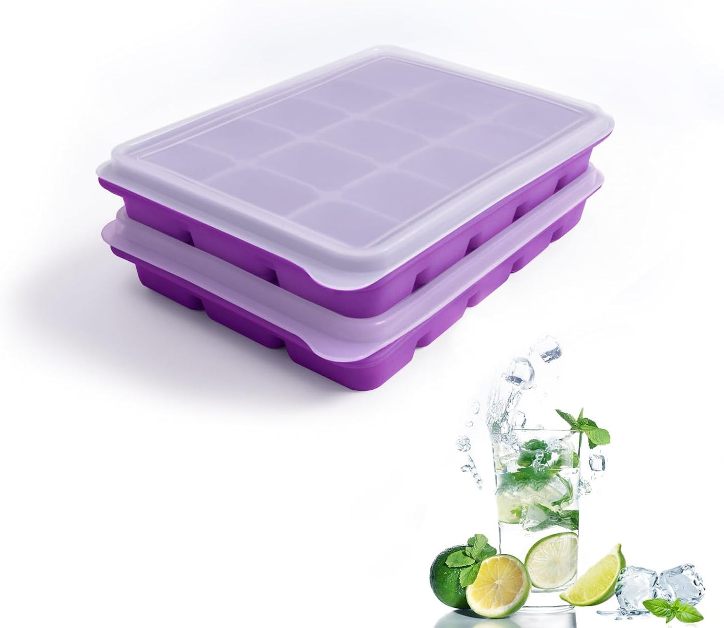 Ice Cube Trays Set of 2, Easy Release 15 Flexible Silicone Ice Cube Molds with Removable Lid Reusable Freezer Ice Trays Stackable for Whiskey, Baby Food, BPA Free (BAMBOO GREEN)