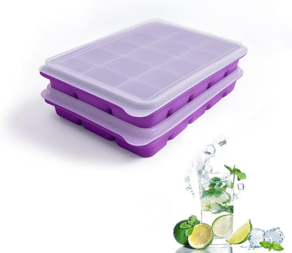 Ice Cube Trays Set of 2, Easy Release 15 Flexible Silicone Ice Cube Molds with Removable Lid Reusable Freezer Ice Trays Stackable for Whiskey, Baby Food, BPA Free (BAMBOO GREEN)