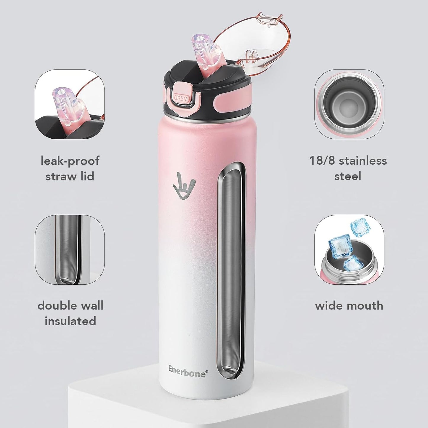 Enerbone 24 oz Insulated Water Bottle, Stainless Steel Bottle with Carrying Strap, Double-Wall Vacuum Insulation Design, Leakproof Sports Bottle with Straw, Keep Drinks Cold or Hot for Hours