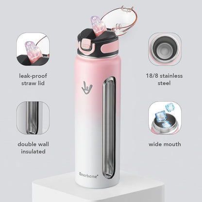 Enerbone 24 oz Insulated Water Bottle, Stainless Steel Bottle with Carrying Strap, Double-Wall Vacuum Insulation Design, Leakproof Sports Bottle with Straw, Keep Drinks Cold or Hot for Hours