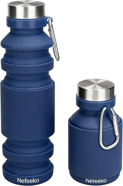 Nefeeko Collapsible Water Bottle, Reuseable BPA Free Silicone Foldable Water Bottles for Travel Gym Camping Hiking, Portable Leak Proof Sports Water Bottle with Carabiner