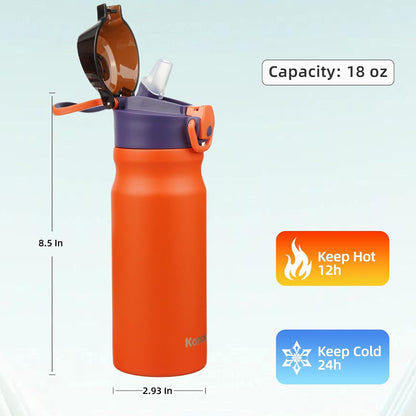 Konokyo 18 oz Insulated Water Bottle with Straw Lid, Stainless Steel Vacuum Sports Water Bottle, Leak-Proof Reusable Metal Flask with Carry Loop, BPA-Free Travel Bottle for Gym, School, Office