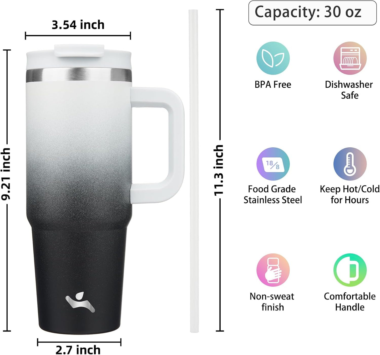 Konokyo 30 oz Tumbler with Handle and 2 Straws,2 in 1 Lid Insulated Water Bottle Stainless Steel Travel Coffee Mug,Sky