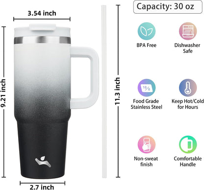 Konokyo 30 oz Tumbler with Handle and 2 Straws,2 in 1 Lid Insulated Water Bottle Stainless Steel Travel Coffee Mug,Sky