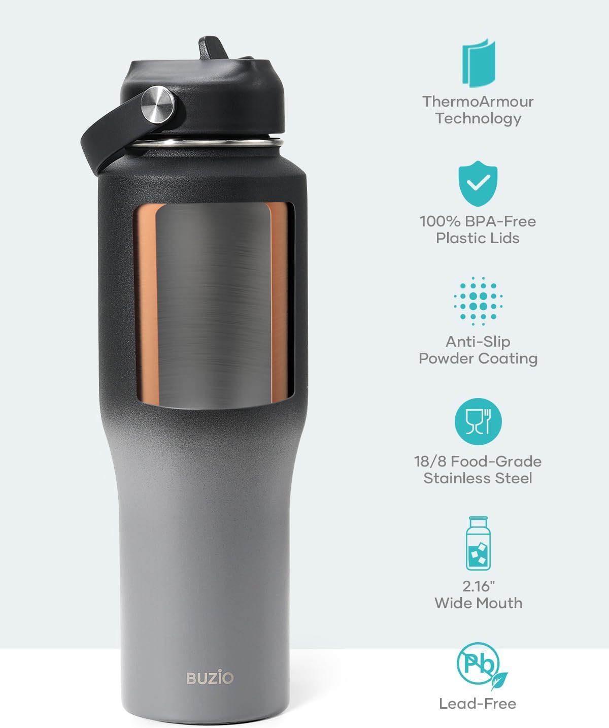 BUZIO 40oz Insulated Water Bottle Fits in Any Car Cup Holders, 40oz Vacuum Insulated Tumbler with Lids and Straw for Water, Travel Mug Cupholder Friendly, Leakproof Keep Cold & Hot, Indigo Crush