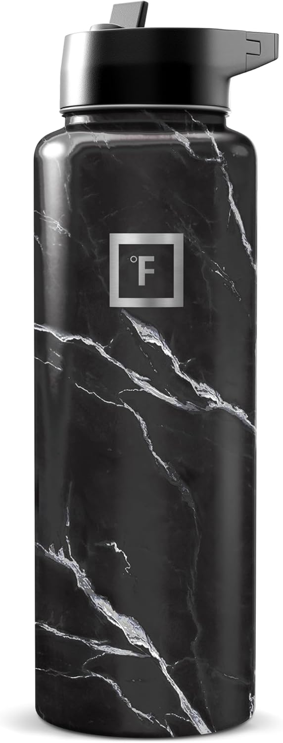 IRON °FLASK Camping & Hiking Hydration Flask with Straw, Wide Mouth Insulated Stainless Steel Sports Water Bottle - 40 oz Midnight Black