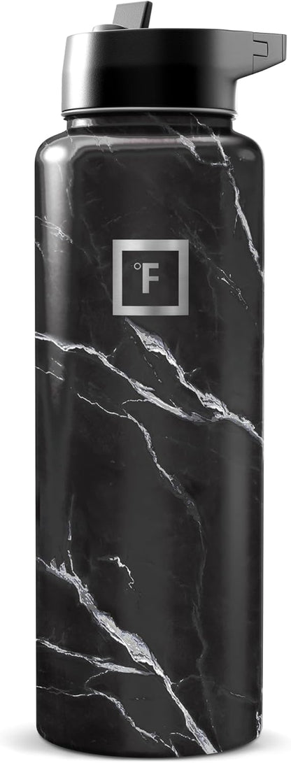 IRON °FLASK Camping & Hiking Hydration Flask with Straw, Wide Mouth Insulated Stainless Steel Sports Water Bottle - 40 oz Midnight Black