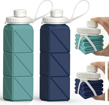 BEAUTAIL Collapsible Water Bottles 20.6oz (610 ml) 2 Pack, Silicone Foldable Portable Travel Water Bottle, BPA-free, Reusable Leakproof for Traveling Camping Hiking Cycling Sports Outdoor (Blue+DKBL)