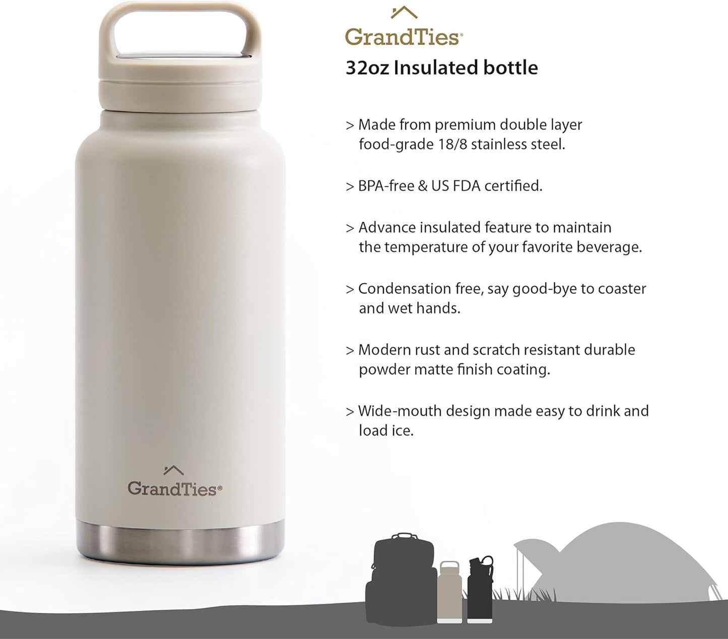 GRANDTIES 2 Lids Sports Stainless Steel Water Bottles – Wide Mouth Vacuum Insulated Reusable Leak Proof BPA-Free Travel Metal Canteen, Thermal Bottles for Men Women Gym (Ivory White 32 oz)