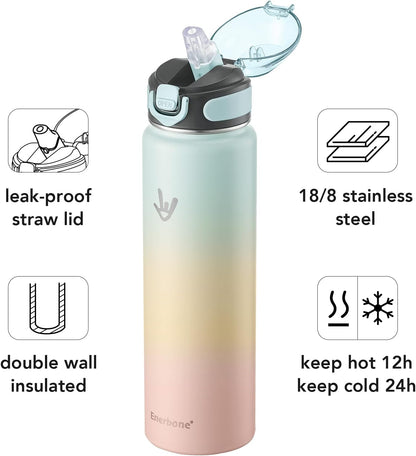 Enerbone 24 oz Insulated Water Bottle, Stainless Steel Bottle with Carrying Strap, Double-Wall Vacuum Insulation Design, Leakproof Sports Bottle with Straw, Keep Drinks Cold or Hot for Hours