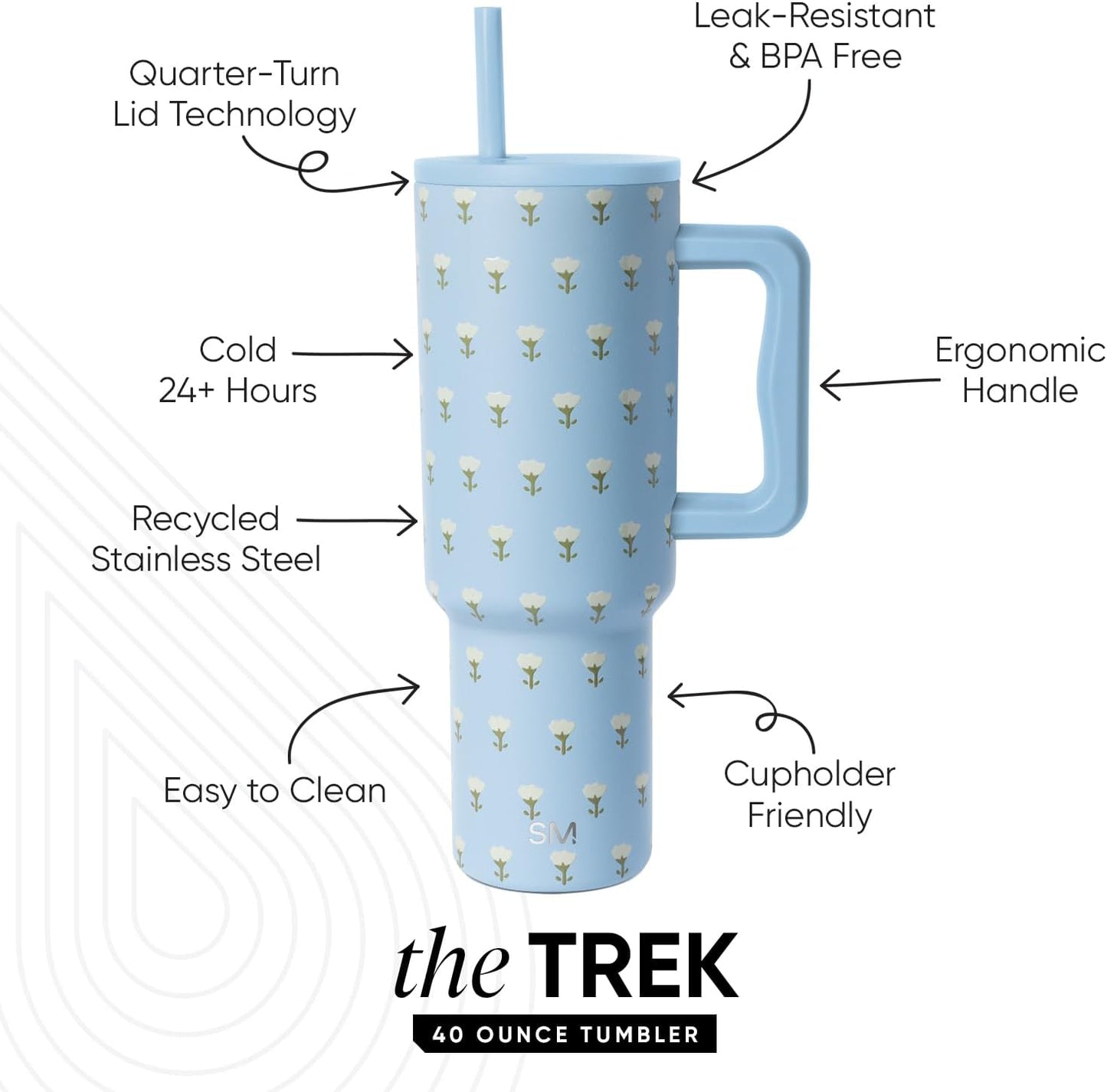 Simple Modern 40 oz Trek Tumbler with Handle and Straw Lid | Cup Holder Friendly Insulated Stainless Steel Travel Mug | Sea Glass Sage - Colors A
