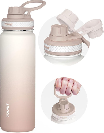 TOURIT 24 oz Insulated Water Bottle, Stainless Steel Water Bottles With Handle, Double-Wall Vacuum Sports Water Bottle, BPA Free Leakproof Water Bottle, Black