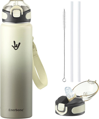 Enerbone 24 oz Insulated Water Bottle, Stainless Steel Bottle with Carrying Strap, Double-Wall Vacuum Insulation Design, Leakproof Sports Bottle with Straw, Keep Drinks Cold or Hot for Hours