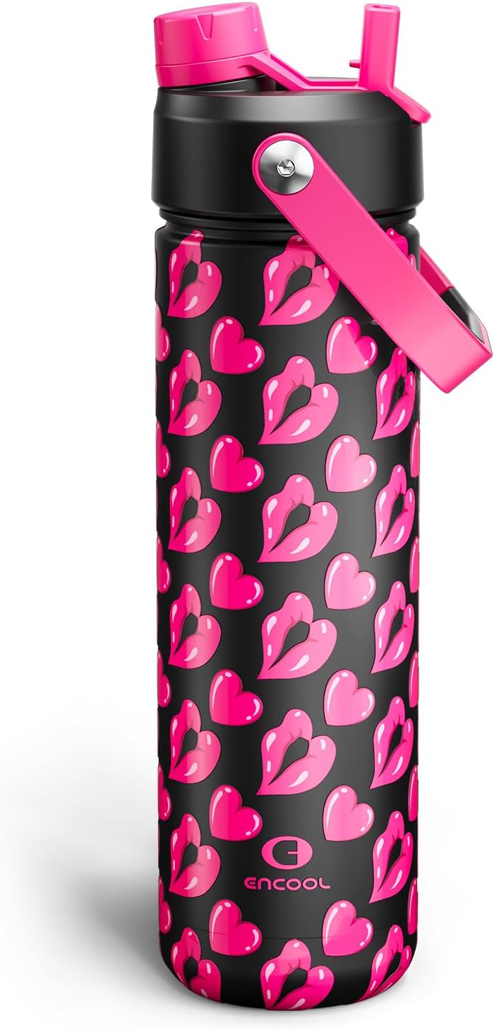 ENCOOL Insulated Water Bottle with Straw Stainless Steel Water Bottle, Leak-Proof, BPA-Free, Double Wall Vacuum Keeps Cold for 24 Hours for Sports, Travel, School (26 oz, Cotton Candy) - Colors A