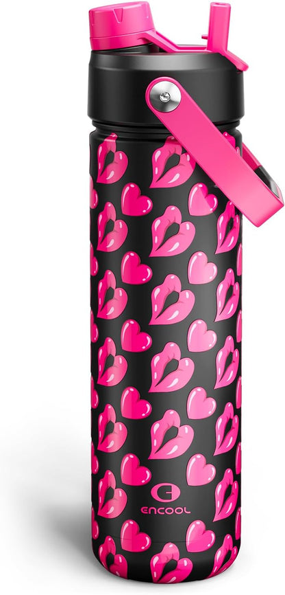 ENCOOL Insulated Water Bottle with Straw Stainless Steel Water Bottle, Leak-Proof, BPA-Free, Double Wall Vacuum Keeps Cold for 24 Hours for Sports, Travel, School (26 oz, Cotton Candy) - Colors A