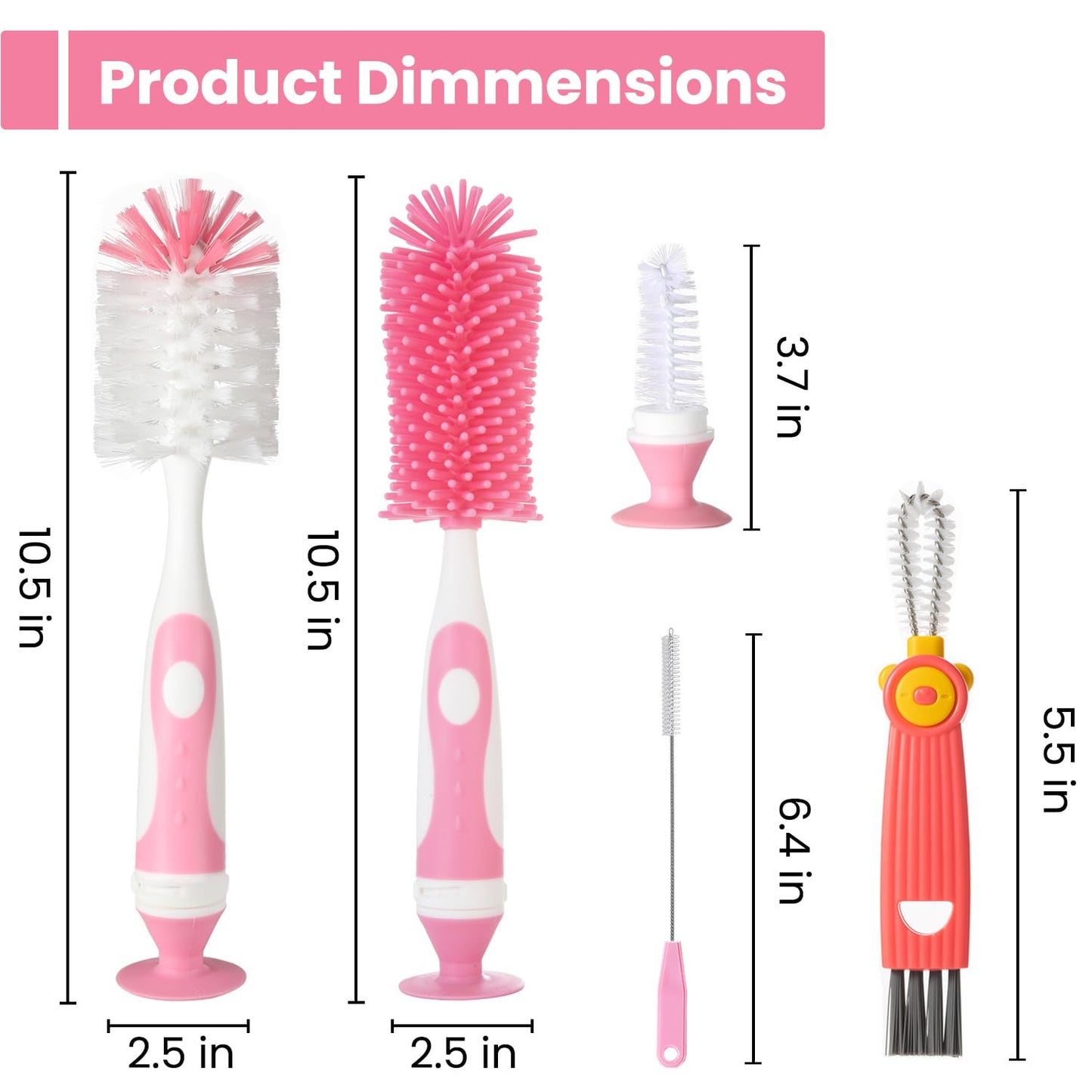 Ariseno 5-in-1 Baby Bottle Cleaner Set, Including Nylon & Silicone Bottle Brush, Cap, Straw & Nipple Brushes, BPA-Free (Grey)