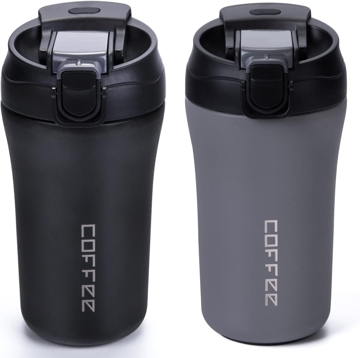 14 oz Travel Coffee Mug, 2 Pack Vacuum Insulated Coffee Travel Mug Spill Proof with Lid and Straw, Stainless Steel Reusable Coffee Tumbler for Hot and Cold Drinks, Gift for Men and Women(Black Grey)