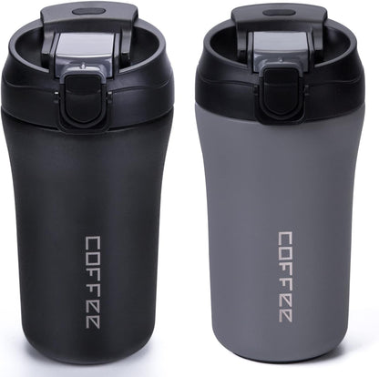 14 oz Travel Coffee Mug, 2 Pack Vacuum Insulated Coffee Travel Mug Spill Proof with Lid and Straw, Stainless Steel Reusable Coffee Tumbler for Hot and Cold Drinks, Gift for Men and Women(Black Grey)