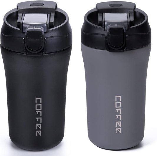 14 oz Travel Coffee Mug, 2 Pack Vacuum Insulated Coffee Travel Mug Spill Proof with Lid and Straw, Stainless Steel Reusable Coffee Tumbler for Hot and Cold Drinks, Gift for Men and Women(Black Grey)