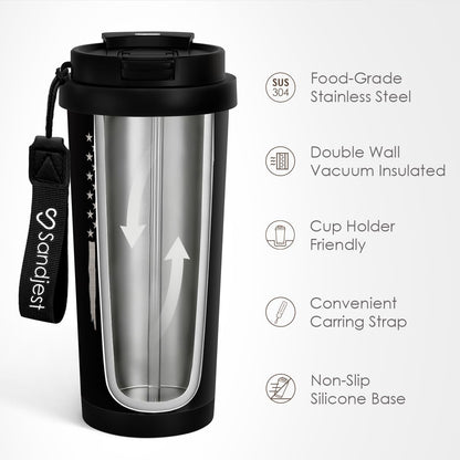 SANDJEST American Flag Tumbler - Stainless Steel 2-in-1 Lid Coffee Tumbler 18 oz, Patriotic Insulated Travel Mug Gift for Men Husband Dad, Birthday Christmas