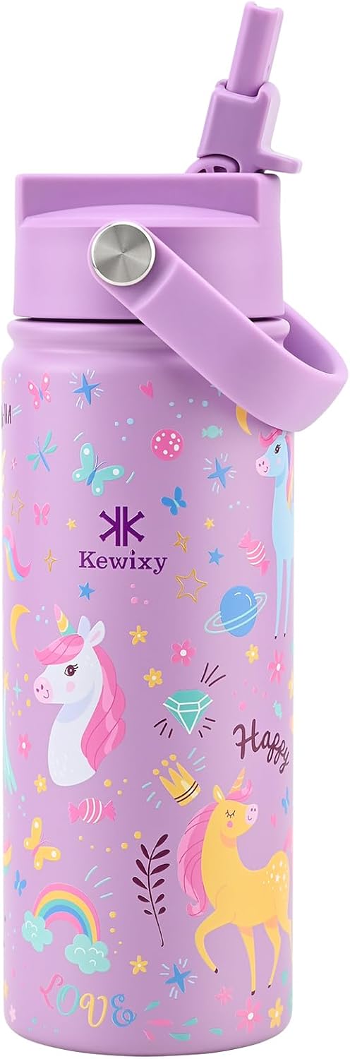 KEWIXY Kids Water Bottle for School, Easy Slide Lid, Leak Proof, Keep Cold 24H, Vacuum Insulated Tumbler, Metal Stainless Steel with Straw and Handle, for Boys&Girls (18OZ, Candy Pink)