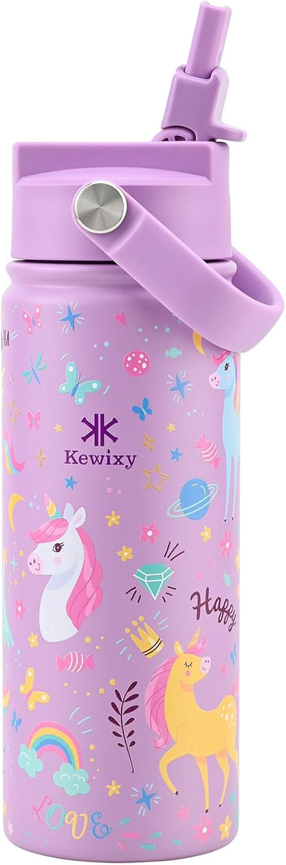 KEWIXY Kids Water Bottle for School, Easy Slide Lid, Leak Proof, Keep Cold 24H, Vacuum Insulated Tumbler, Metal Stainless Steel with Straw and Handle, for Boys&Girls (18OZ, Candy Pink)