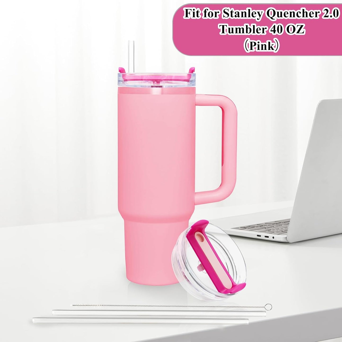 40oz Tumbler Lid Compatible for Stanley, 2 Pack Replacement Tumbler Lids Fit for Stanley Quencher 2.0 Tumbler 40 OZ, with Straws and Cleaning Brush (Orchid)
