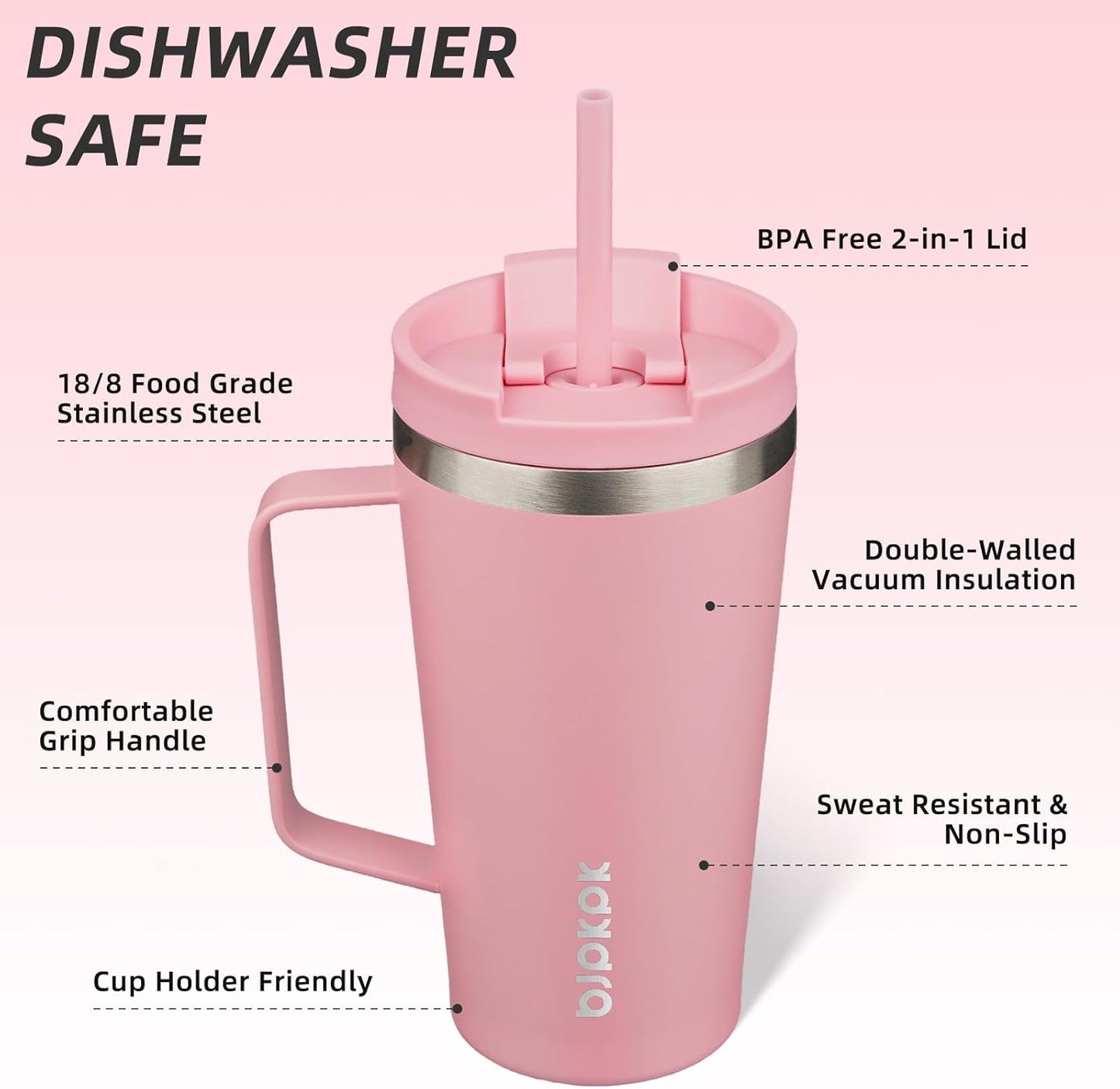 BJPKPK Insulated Tumbler with Handle, 18oz Insulated Tumblers with Lid and Straw, Stainless Steel Metal Water Bottles, Coffee Travel Mugs, Cups, Marshmallow