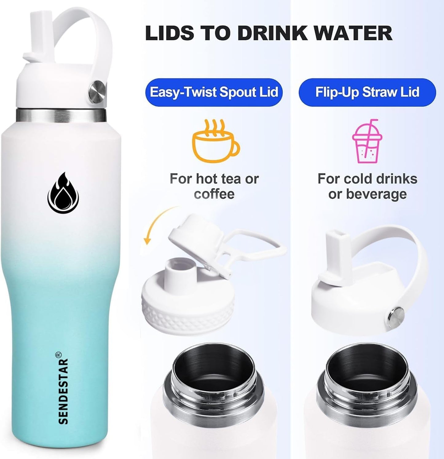 SENDESTAR 40oz Water Bottle Wide Mouth Stainless Steel Vacuum Insulated Double Wall with Straw Lids Fit in Any Car Cup Holder