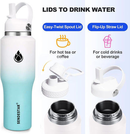 SENDESTAR 40oz Water Bottle Wide Mouth Stainless Steel Vacuum Insulated Double Wall with Straw Lids Fit in Any Car Cup Holder