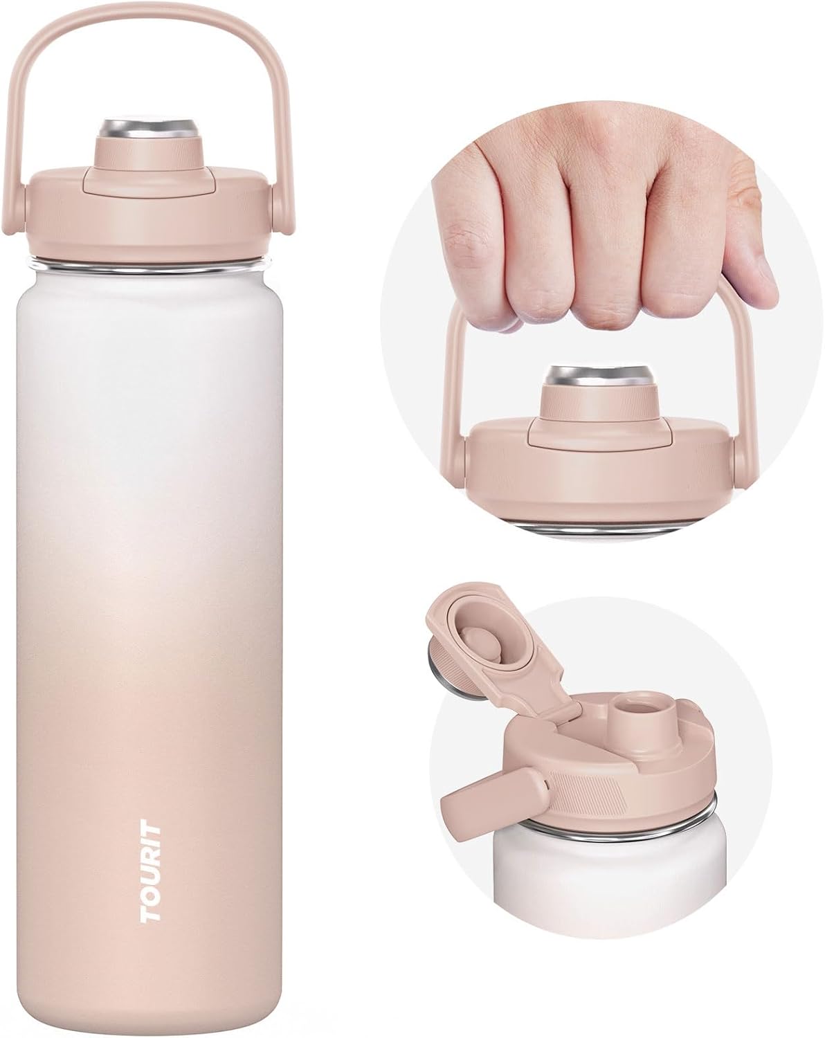 TOURIT 32 oz Insulated Water Bottle, Stainless Steel Sports Water Bottles With Top Handle, Double-Wall Travel Thermal Water Flask, BPA Free Leakproof Water Bottle for Sports and Travel,Pink