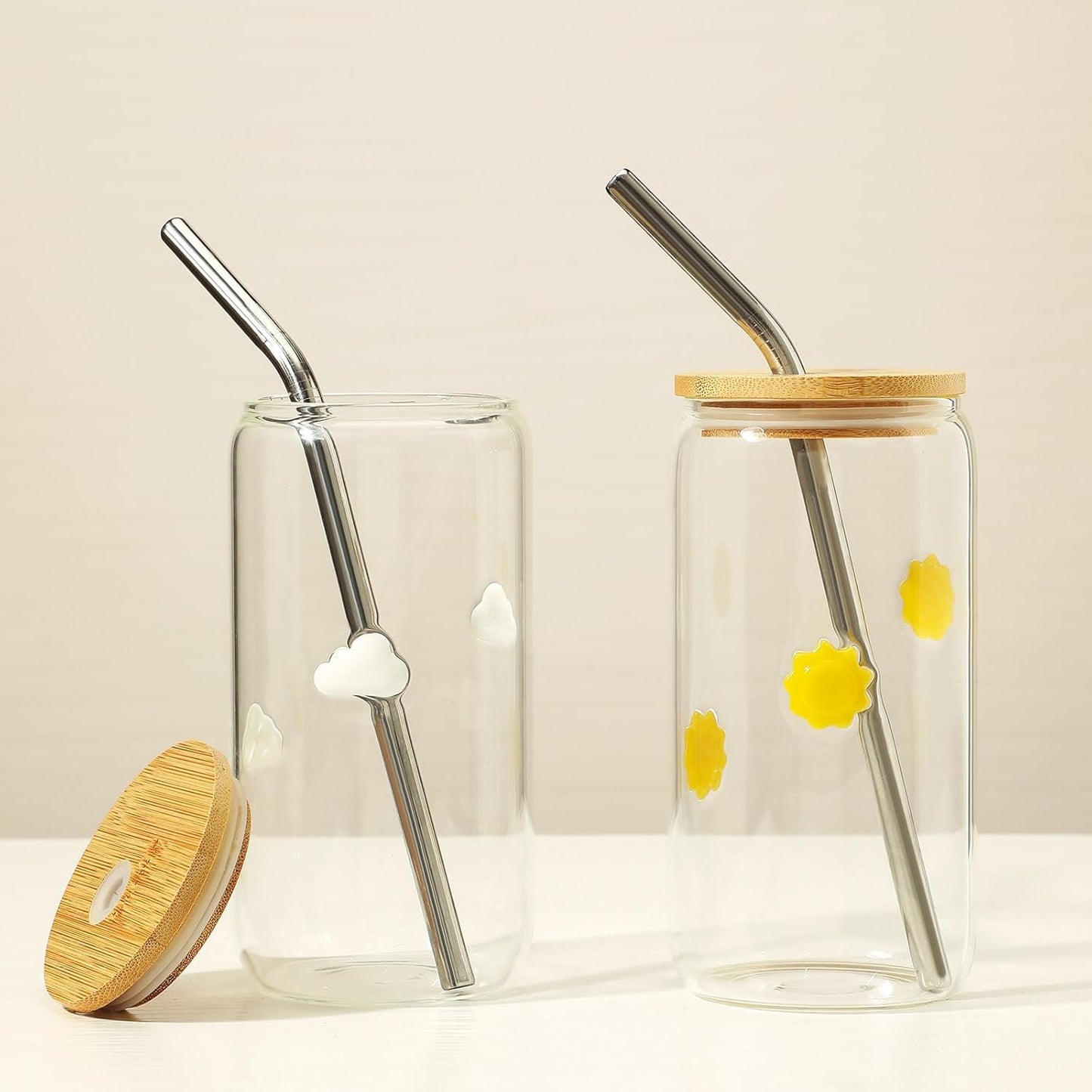 Honeydak 2 Pcs Icon Juice Glass Tumbler with Lid & Straw - 18 oz Cloud and Sun Icon Can Shape Glass Cups Coffee Juice Beer Soda Drinking Cup for Summer Halloween Christmas Party Supplies Gift