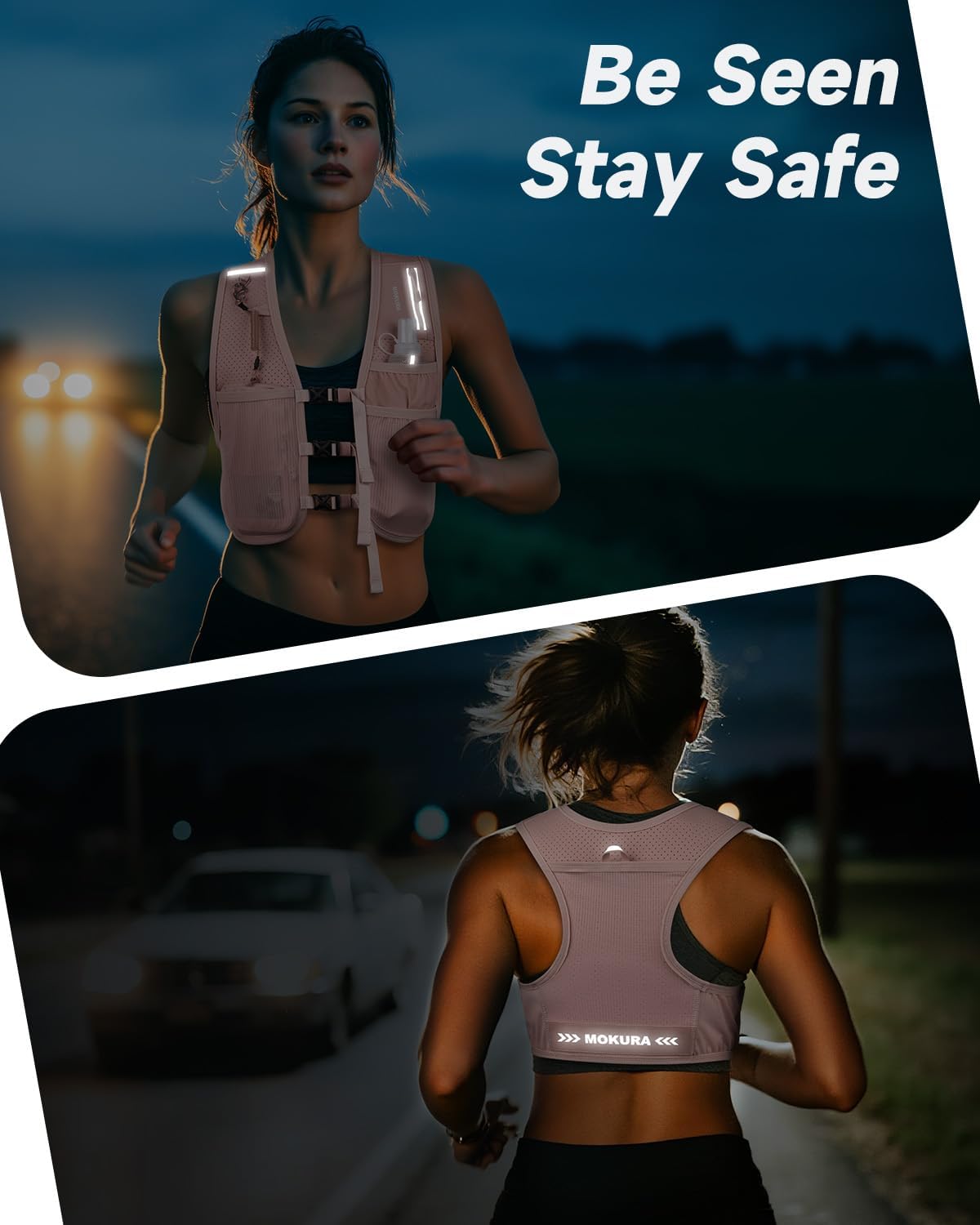 MOKURA Running Vest for Women Men, Lightweight Hydration Vest with 500ML Soft Flask & Phone Holder, Reflective Running Backpack, Adjustable Run Pack Water Bottle, Runner Marathon Essentials