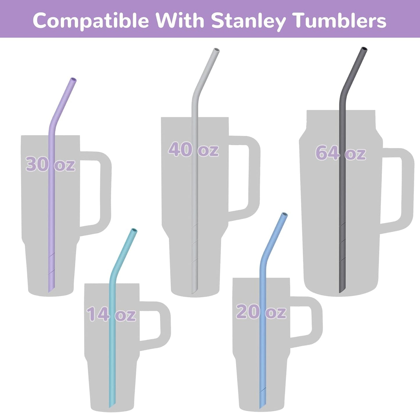 NiHome 14PCS Silicone Straws Fit for Stanley 40oz 30oz Tumbler, 14” Extra Long Reusable Drinking Straw, Flexible Can Cut Length for 1/Half Gallon 75 64 OZ Large Water Bottle - 2 Brushes (Rainbow)