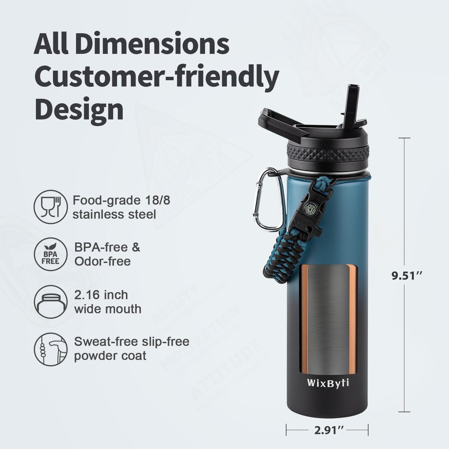 WixByti 40 oz Insulated Water Bottle with Straw (Cold for 36 Hrs), Stainless Steel Triple Wall Vacuum Sports Water Jug, Leakproof Hydro Cup Flask with Paracord Handle & Straw Spout Lids & DIY Stickers