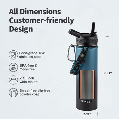 WixByti 40 oz Insulated Water Bottle with Straw (Cold for 36 Hrs), Stainless Steel Triple Wall Vacuum Sports Water Jug, Leakproof Hydro Cup Flask with Paracord Handle & Straw Spout Lids & DIY Stickers