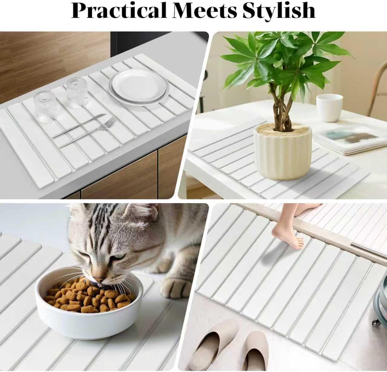 Extra Large Stone Dish Drying Mat for Kitchen Counter, Foldable Quick Dry Dish Drying Mats, Absorbent Diatomaceous Earth Stone Drying Mats for Plate Rack Bottles Cups (Gray Marble 28"×16" & 8"x4")