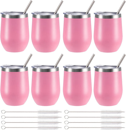 12 oz Insulated Wine Tumbler with Lid and Straw,Stainless Steel Stemless Wine Tumbler Glasses Double Wall Vacuum Wine Cups Tumbler for Coffee,Champaign,Cocktail,Office（Silver,1）