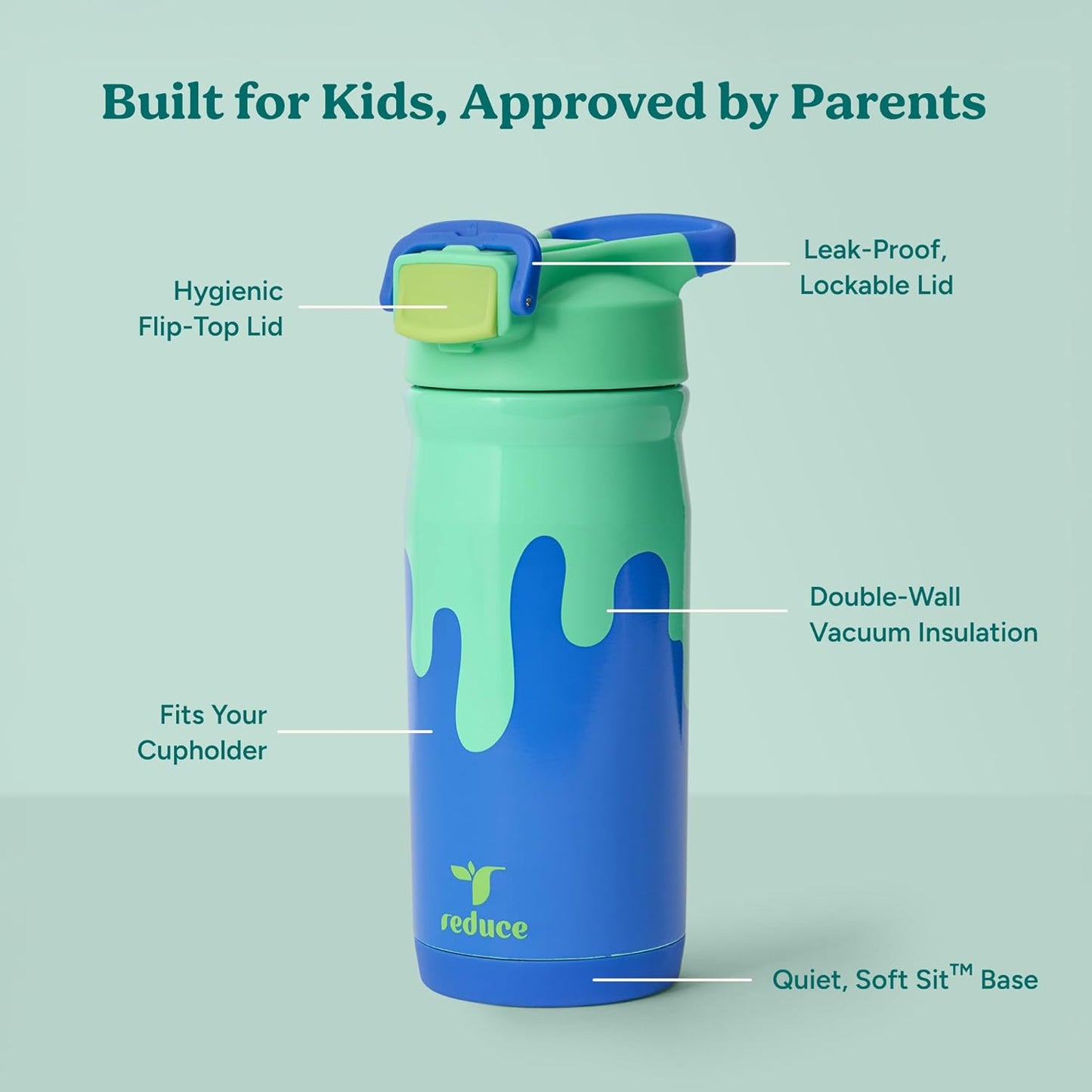 Reduce Hydrate Pro Kids 14oz Stainless Steel Insulated Water Bottle w/Straw – Spill Proof Tumbler for Kids – 30 Hour Cold Retention – Dishwasher Safe Leak-Proof Design - Abstract Flowers