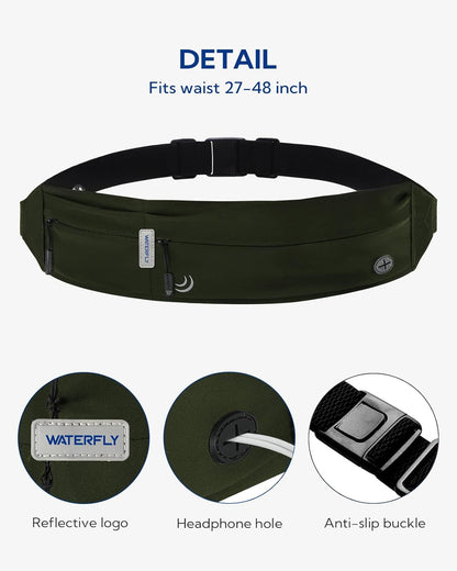 WATERFLY Running Belt Fanny Pack: Runner Marathon Jogging Waist Pack Sport Workout Exercise Fitness Phone Holder Belt for Men Women Jogger Slim Waist Bag Black