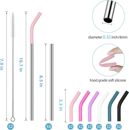 40 oz Stainless Metal Straws for 40 oz Stanley Tumbler, 6Pcs Reusable Straight Long Steel Straws with 12 Silicone Tips and 2 Straw Cleaning Brushes (6Color1, 40oz)