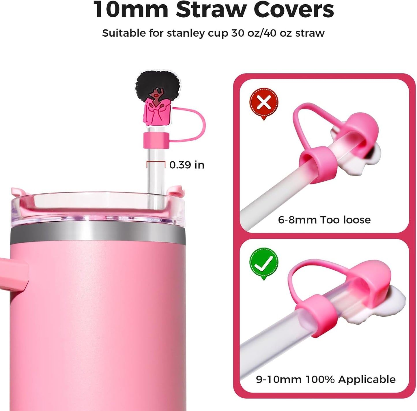 6PCS Pink Black Girl Straw Covers for Stanley Cup，Cute Silicone Straw Topper for 10mm Drinking Straw Tip Covers Stanley Cup Accessories