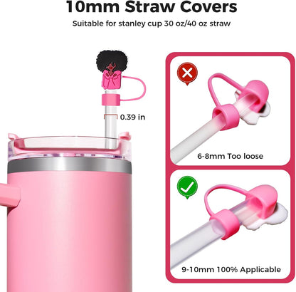 6PCS Pink Black Girl Straw Covers for Stanley Cup，Cute Silicone Straw Topper for 10mm Drinking Straw Tip Covers Stanley Cup Accessories