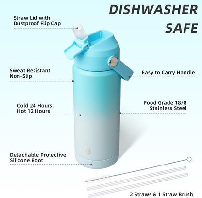BJPKPK Insulated Water Bottle with Straw Lid, 18oz Thermo Water Bottles with Soft Nozzle, Flex Handle & Non-slip Boot, BPA Free Leak Proof Stainless Steel Metal Thermo, Tumblers, Cups,Sea Salt