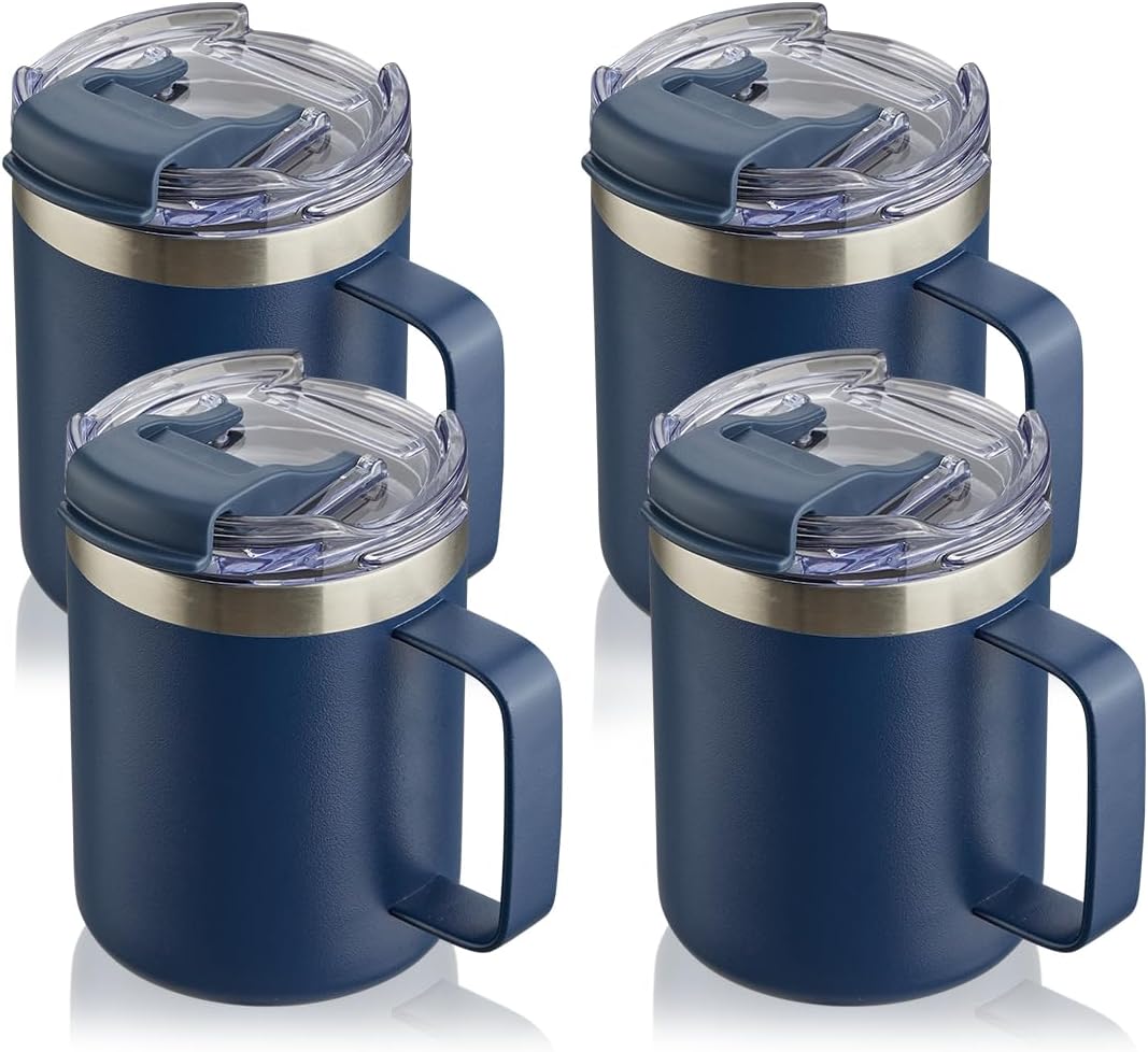 12oz Insulated Coffee Mug Cup with Handle, Stainless Steel Travel Coffee Mug with Flip Lid, Double Wall Vacuum Coffee Tumbler, Navy