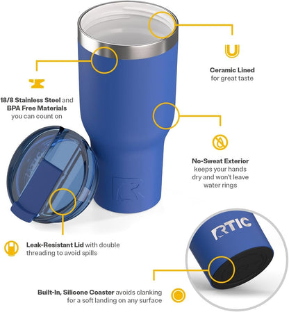 RTIC 20oz Essential Tumbler with Lid, Ceramic Lined, Insulated, Stainless Steel, Metal, Double Wall Vacuum-Insulation, Travel Cup for Iced Coffee, Tea, Hot and Cold Drink, Graphite