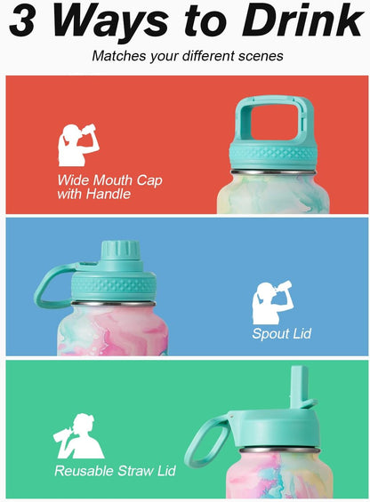 Half Gallon Water Bottle Insulated with Straw & 3 Lids, Coolflask 64 oz Water Jug Large Metal Stainless Steel Wide Mouth for Sports, Gym or Office, Non-BPA Keep Cold 48H Hot 24H, Samurai Cyan